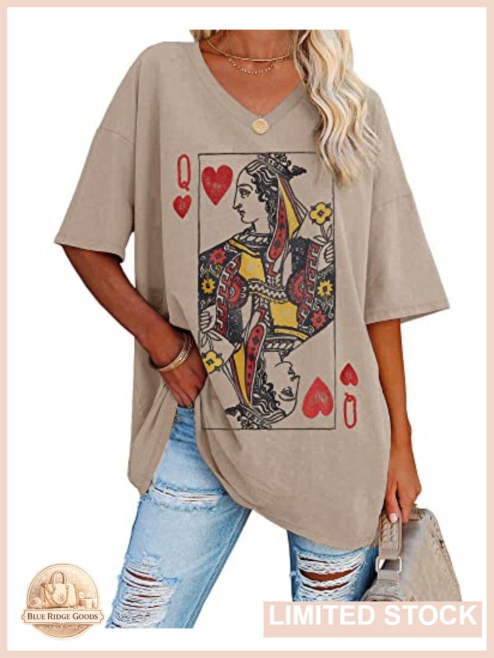 Oversized Queen of Hearts Graphic V-Neck Half Sleeve Tunic Tee